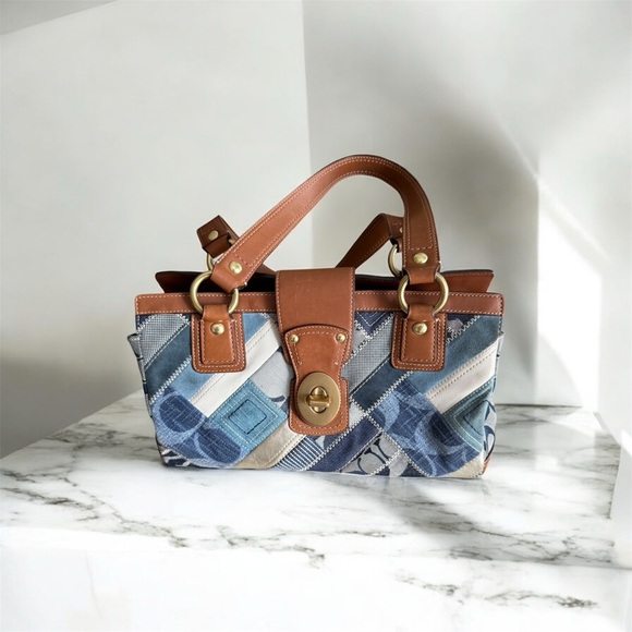Coach Handbags - Coach Vintage Patchwork Leather and Denim Turnlock Satchel Handbag
